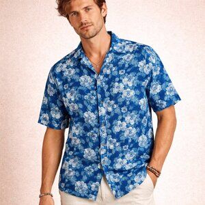 Caribbean Joe Blue Floral Hawaiian Shirt 3XT Tropical Button Up Vacation Top